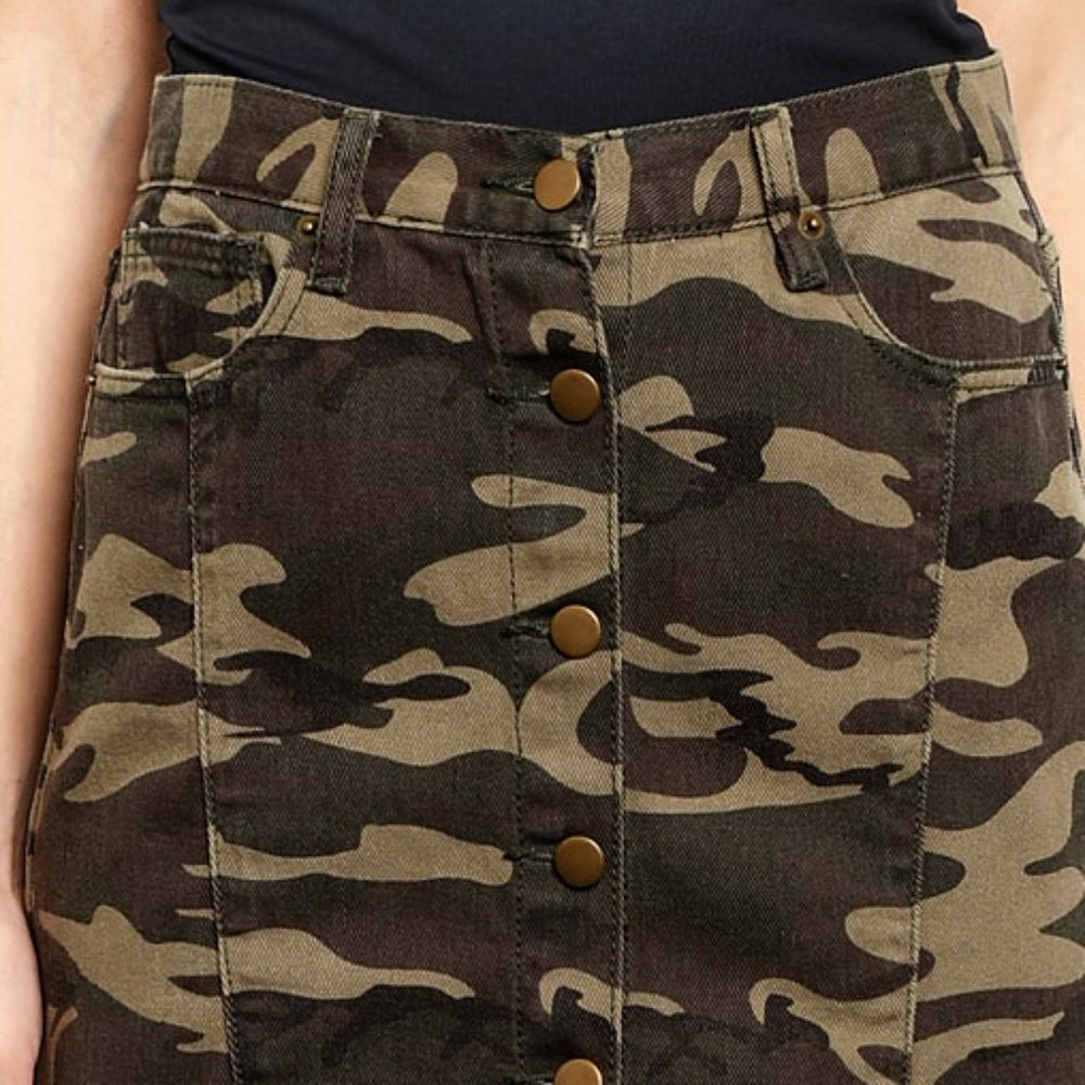 NEW Olive Camo Button Front Cotton High Rise Skirt - Picture 7 of 8